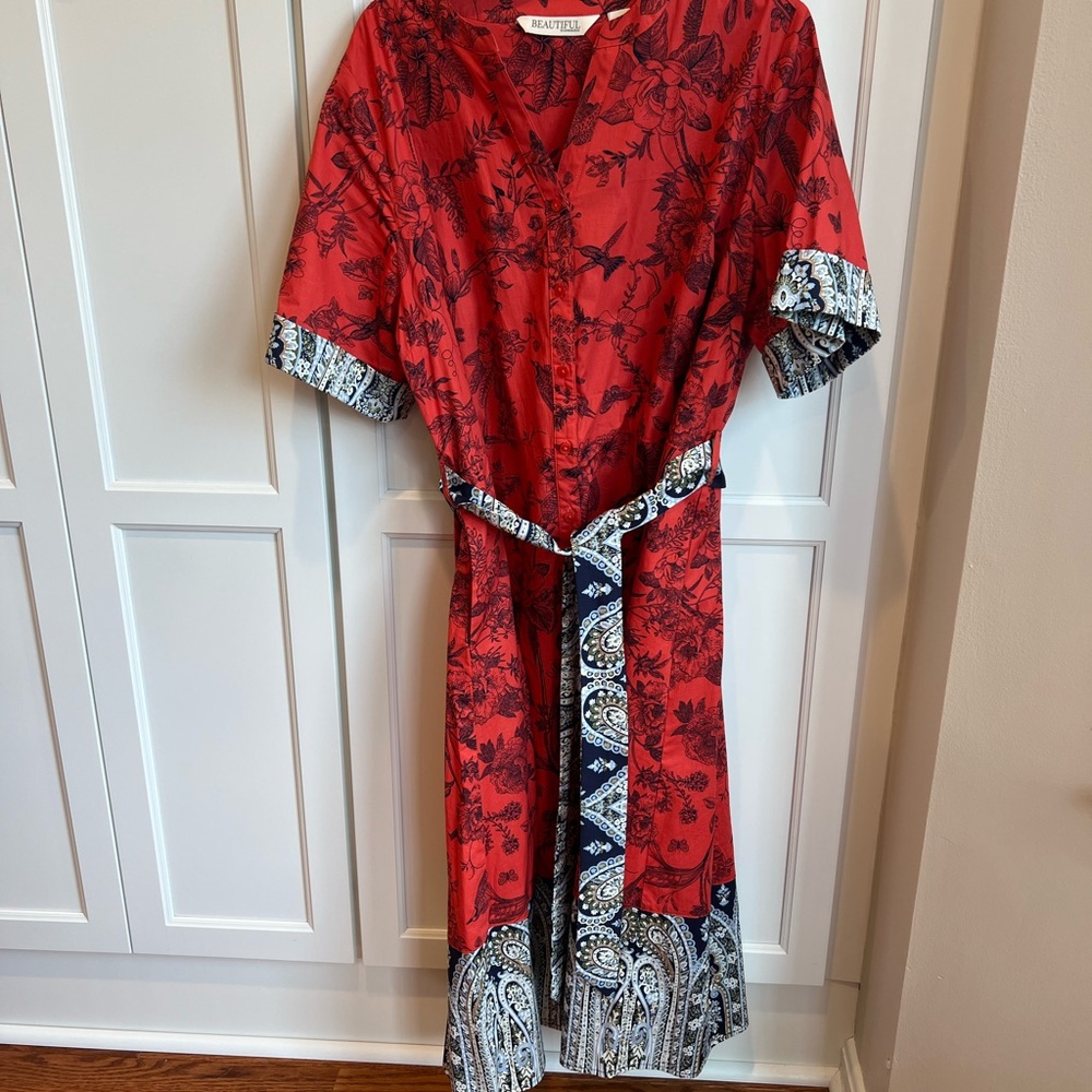 Red and Blue Patterned Midi Dress